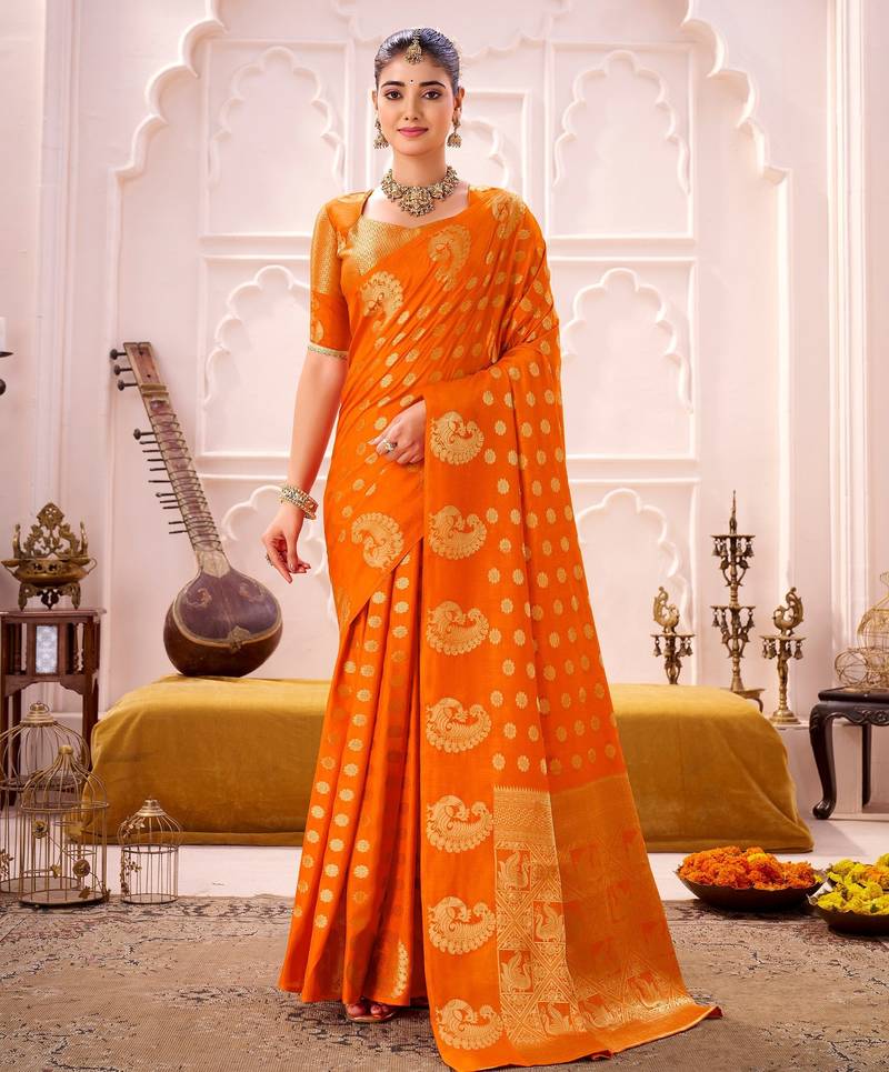 Orange treditional roop silk zari weaving saree