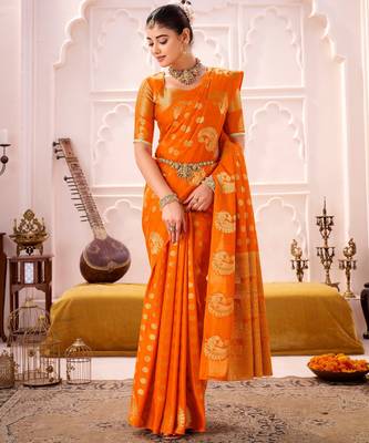 Orange treditional roop silk zari weaving saree 2