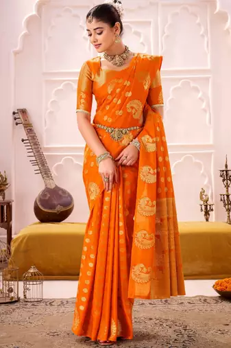 Orange treditional roop silk zari weaving saree