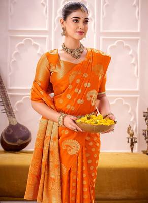 Orange treditional roop silk zari weaving saree 3
