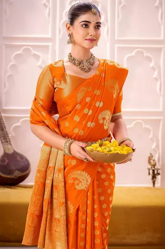 Orange treditional roop silk zari weaving saree
