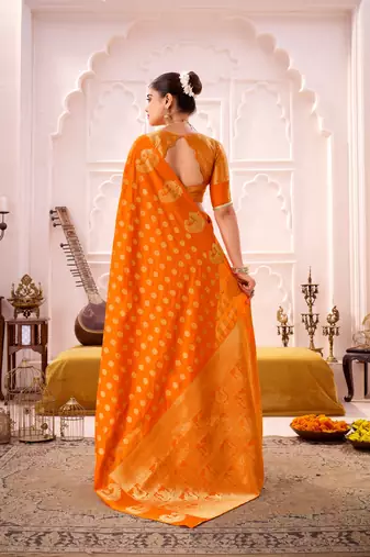 Orange treditional roop silk zari weaving saree