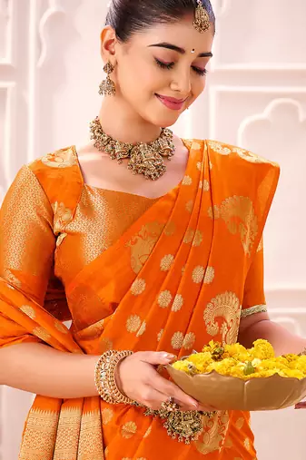 Orange treditional roop silk zari weaving saree