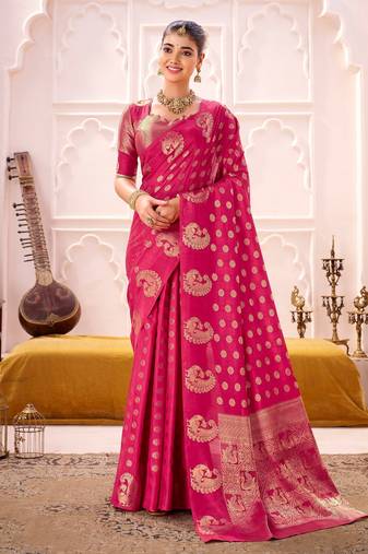 Pink treditional roop silk zari weaving saree