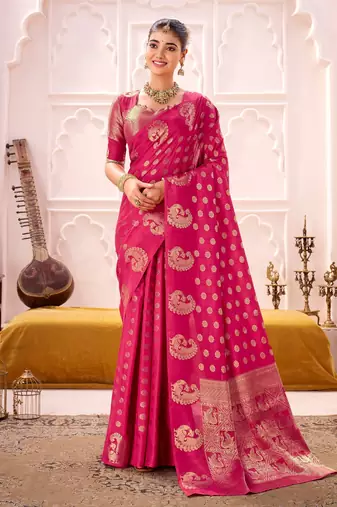Pink treditional roop silk zari weaving saree