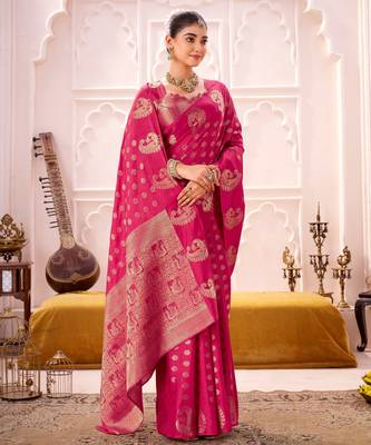 Pink treditional roop silk zari weaving saree 2