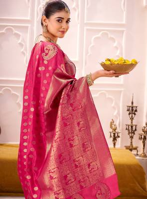 Pink treditional roop silk zari weaving saree 3