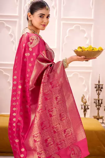 Pink treditional roop silk zari weaving saree