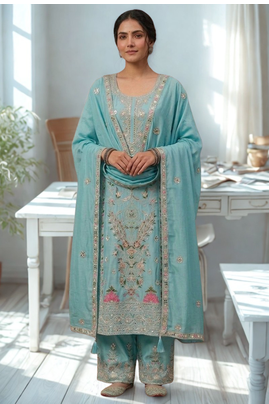 Blue Silk Kurta  Heavy Embroidery Coding Sequence Work With Palazzo and Dupatta 3pc set 1