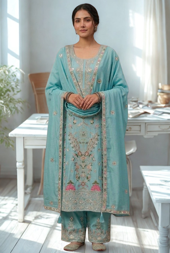 Blue Silk Kurta  Heavy Embroidery Coding Sequence Work With Palazzo and Dupatta 3pc set