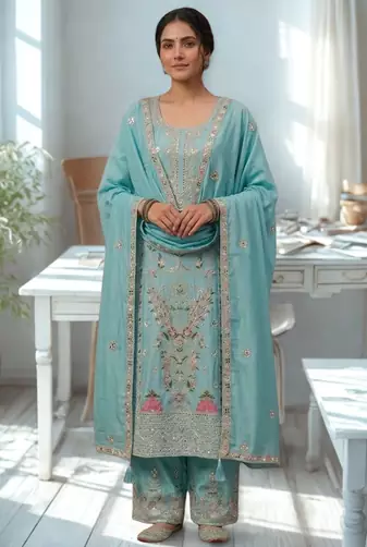 Blue Silk Kurta  Heavy Embroidery Coding Sequence Work With Palazzo and Dupatta 3pc set