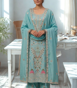 Blue Silk Kurta  Heavy Embroidery Coding Sequence Work With Palazzo and Dupatta 3pc set