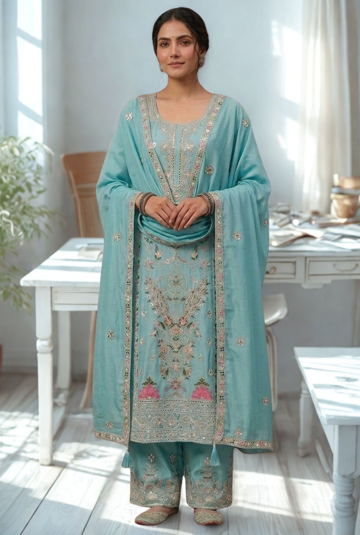 Blue Silk Kurta  Heavy Embroidery Coding Sequence Work With Palazzo and Dupatta 3pc set