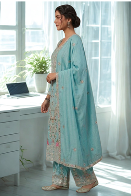 Blue Silk Kurta  Heavy Embroidery Coding Sequence Work With Palazzo and Dupatta 3pc set 2