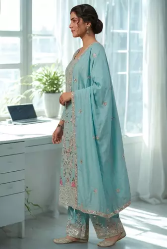 Blue Silk Kurta  Heavy Embroidery Coding Sequence Work With Palazzo and Dupatta 3pc set