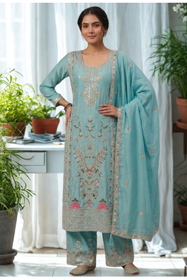 Blue Silk Kurta  Heavy Embroidery Coding Sequence Work With Palazzo and Dupatta 3pc set 3