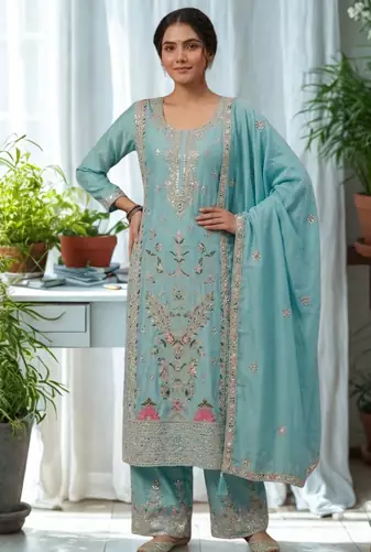 Blue Silk Kurta  Heavy Embroidery Coding Sequence Work With Palazzo and Dupatta 3pc set