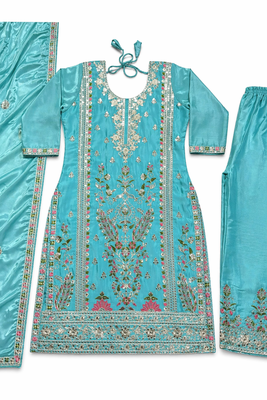 Blue Silk Kurta  Heavy Embroidery Coding Sequence Work With Palazzo and Dupatta 3pc set 4
