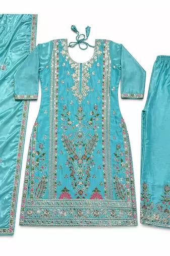 Blue Silk Kurta  Heavy Embroidery Coding Sequence Work With Palazzo and Dupatta 3pc set
