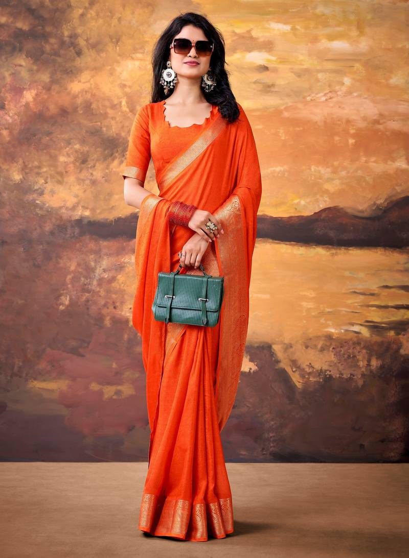Orange smoothy marshmallow zari weaving lightweight saree