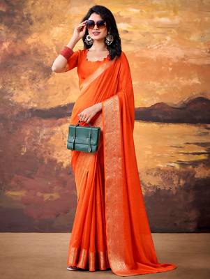 Orange smoothy marshmallow zari weaving lightweight saree 2