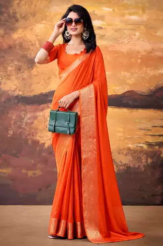 Orange smoothy marshmallow zari weaving lightweight saree
