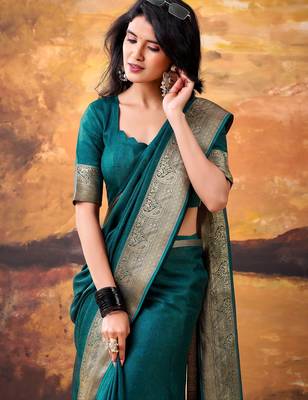 Teal smoothy marshmallow zari weaving lightweight saree 3
