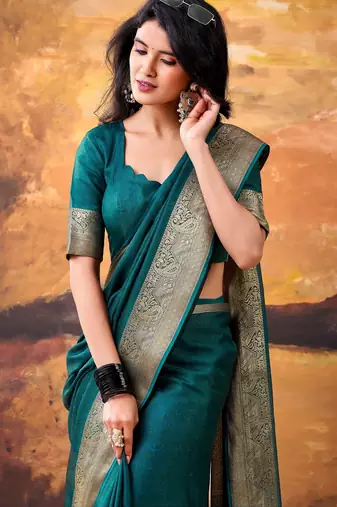 Teal smoothy marshmallow zari weaving lightweight saree