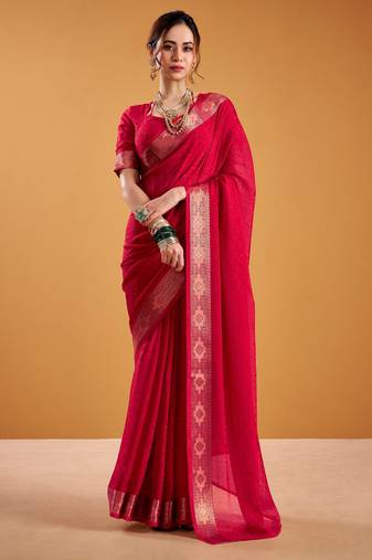 Red festival vibes polt shimmer zari weaving work saree