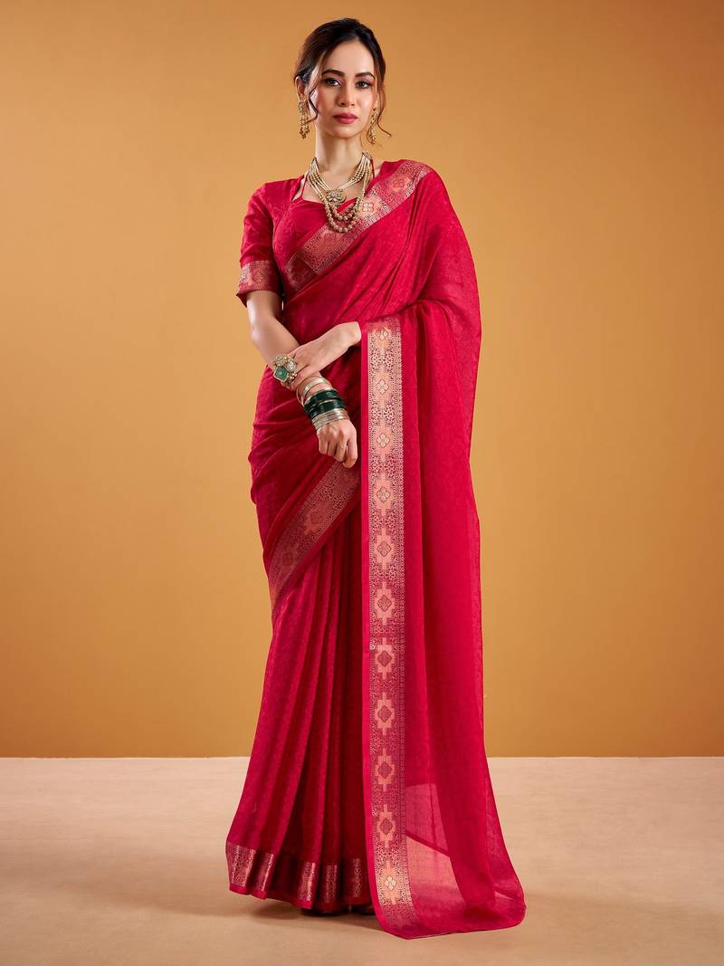 Red festival vibes polt shimmer zari weaving work saree
