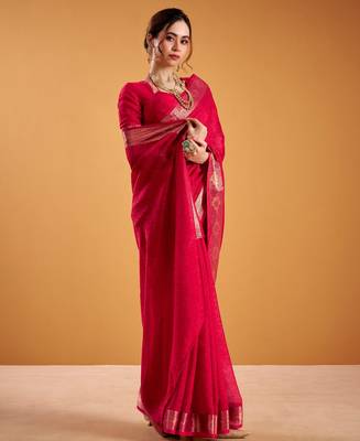 Red festival vibes polt shimmer zari weaving work saree 2