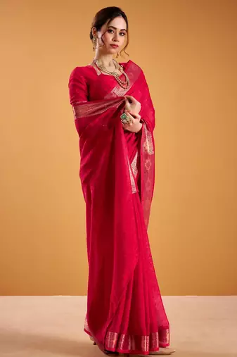 Red festival vibes polt shimmer zari weaving work saree