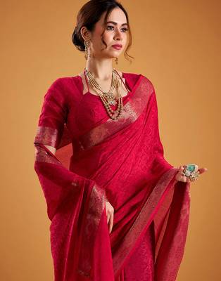 Red festival vibes polt shimmer zari weaving work saree 3