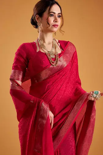 Red festival vibes polt shimmer zari weaving work saree