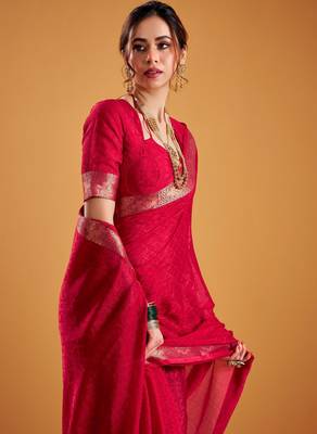 Red festival vibes polt shimmer zari weaving work saree 4