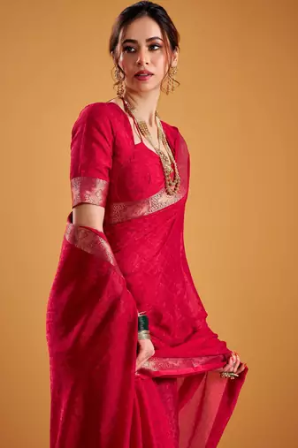 Red festival vibes polt shimmer zari weaving work saree
