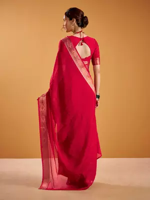 Red festival vibes polt shimmer zari weaving work saree 5