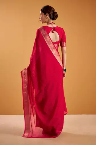 Red festival vibes polt shimmer zari weaving work saree
