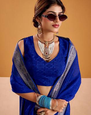 Royal blue festival vibes polt shimmer zari weaving work saree 5