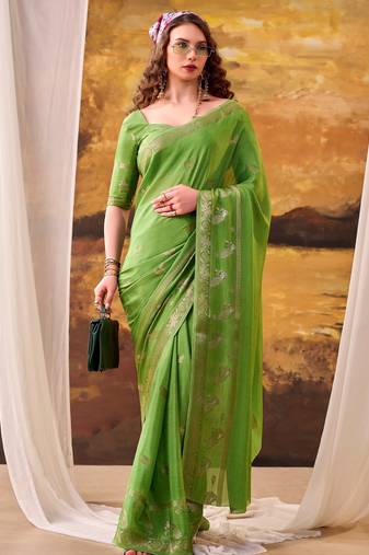 Parrot green mordern ethnic crepe silk weaving saree