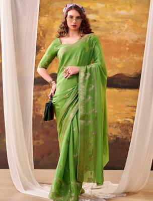 Parrot green mordern ethnic crepe silk weaving saree 2
