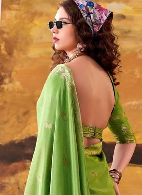 Parrot green mordern ethnic crepe silk weaving saree 4