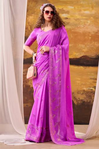 Pink mordern ethnic crepe silk weaving saree