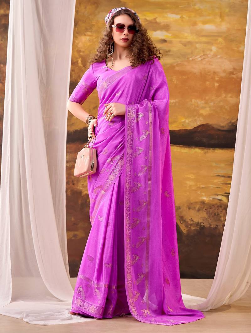 Pink mordern ethnic crepe silk weaving saree