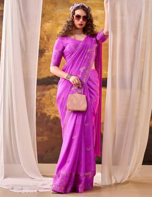 Pink mordern ethnic crepe silk weaving saree 2