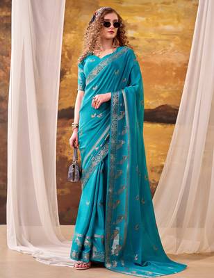 Sea blue mordern ethnic crepe silk weaving saree 1