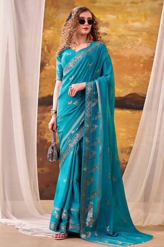 Sea blue mordern ethnic crepe silk weaving saree