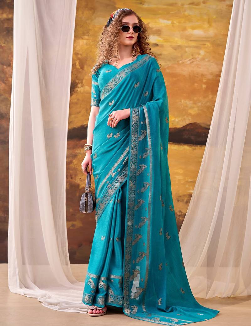 Sea blue mordern ethnic crepe silk weaving saree