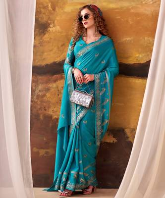 Sea blue mordern ethnic crepe silk weaving saree 2