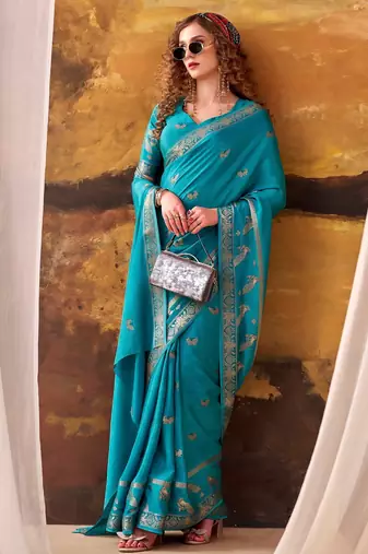 Sea blue mordern ethnic crepe silk weaving saree